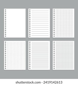 A set of vector realistic illustrations of a sheet of paper from a workbook with a shadow