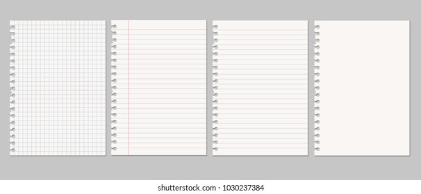 Set of vector realistic illustrations of a torn sheet of paper from a workbook with shadow, isolated on a gray background