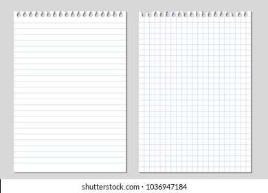 Set Of Vector Realistic Illustrations Of A Torn Sheet Of Paper From A Workbook With Shadow, Isolated On A Gray Background