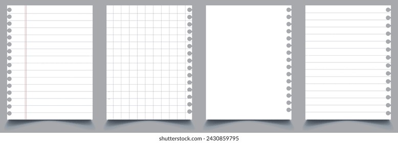 Set of vector realistic illustrations of a torn sheet of paper from a workbook with shadow, isolated. Vector illustration.