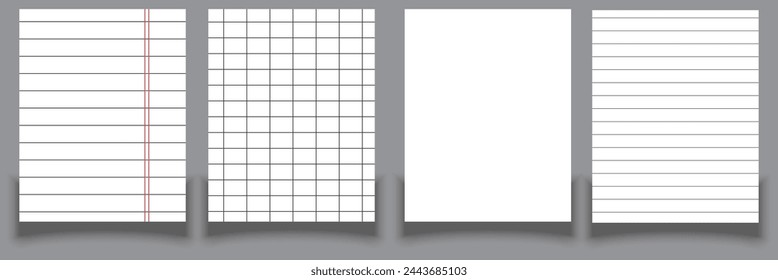 Set of vector realistic illustrations of a torn sheet of paper from a workbook with shadow, isolated. Vector illustration.