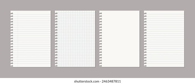 Set of vector realistic illustrations of a torn sheet of paper from a workbook with shadow isolated
