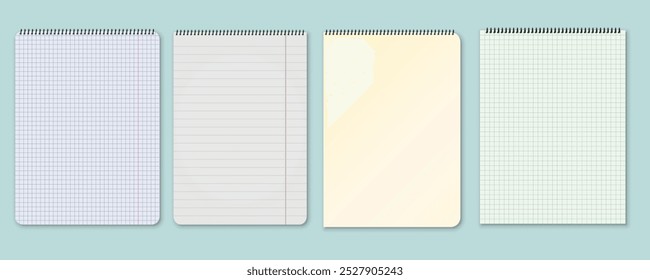 Set of vector realistic illustrations of a torn sheet of paper from a workbook with shadow, isolated. Set of notebook template.