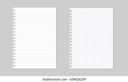 Set of vector realistic illustrations of a torn sheet of paper from a workbook with shadow, isolated on a gray background