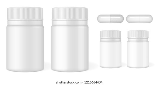 Set of vector realistic images (mock-up, layout  of matte and glossy blank plastic packaging for tablets (vitamins or cosmetics) with a label and without a label and tablets (pills, vitamins). EPS 10.
