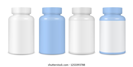 Set of vector realistic images of plastic packaging mockup(layout) for tablets (vitamins or cosmetics) in white and blue with a label and without a label. EPS 10.