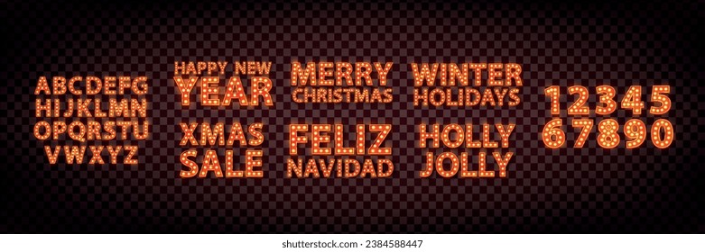 Set of vector realistic isolated marquee neon text for Merry Christmas and Happy New Year on transparent background.