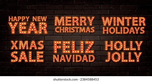 Set of vector realistic isolated marquee neon text for Merry Christmas and Happy New Year on wall background.