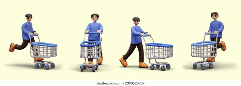 Conjunto de hombres vectoriales realistas con carro de la compra vacío, vista desde diferentes lados. El comprador va, corre. Ilustraciones para el diseño de la publicidad, composiciones web promocionales