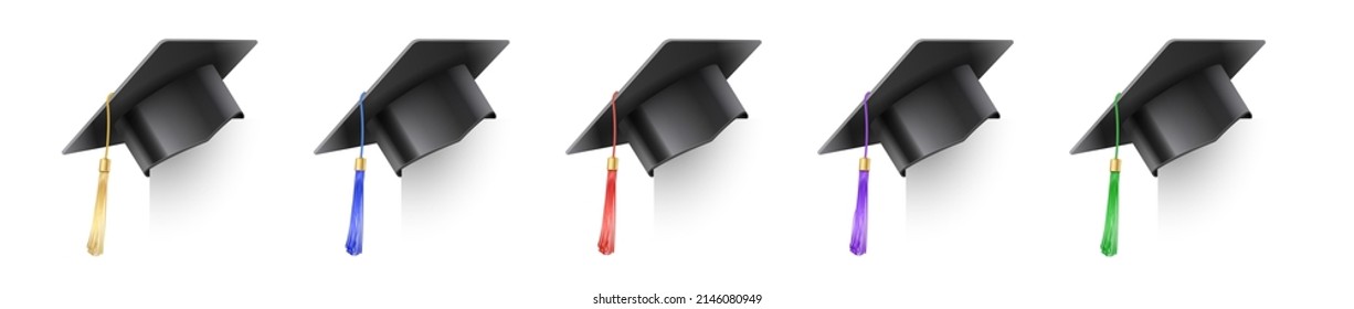 Set of vector realistic mortar hats. Graduation cap of a student with multi-colored tassels. Black hat at graduation at the university. Symbol of academic education, university headdress