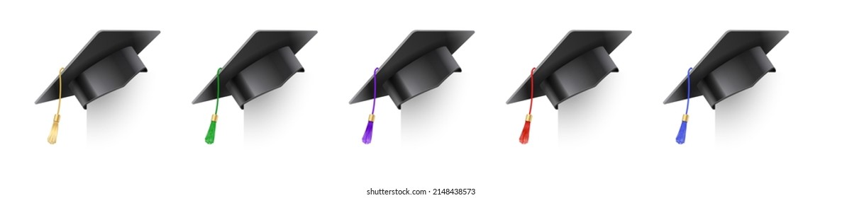 Set of vector realistic mortar hats. Graduation cap of a student with multi-colored tassels. Black hat at graduation at the university. Symbol of academic education, university headdress