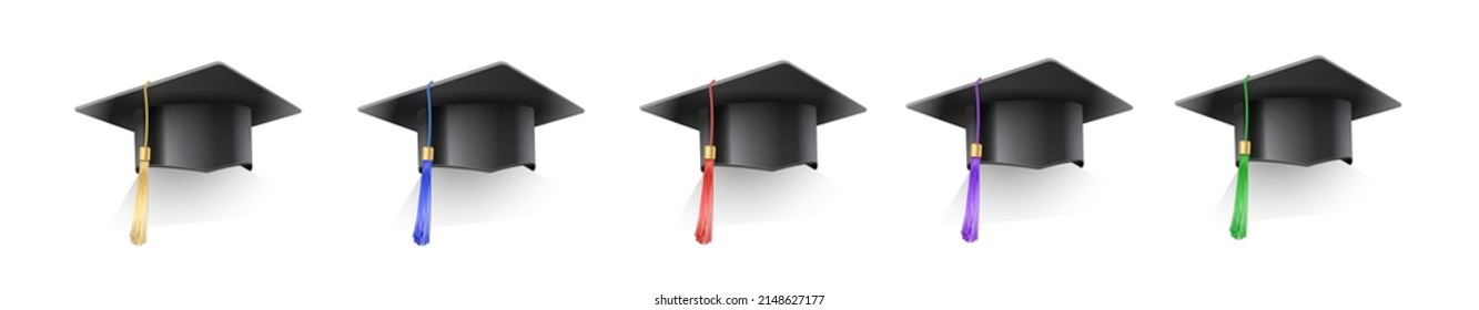 Set of vector realistic mortar hats. Graduation cap of a student with multi-colored tassels. Black hat at graduation at the university. Symbol of academic education, university headdress