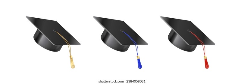 Set of vector realistic mortar hats. Graduation cap of a student with multi-colored tassels. Black hat at graduation at the university. Symbol of academic education, university headdress