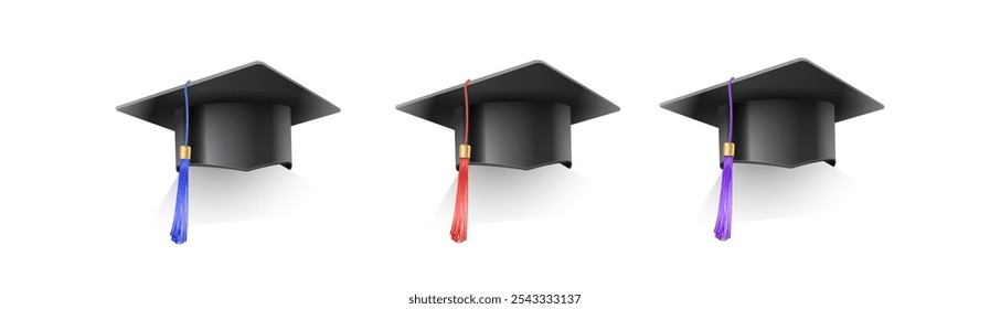 Set of vector realistic mortar hats. Graduation cap of a student with multi-colored tassels. Black hat at graduation at the university. Symbol of academic education, university headdress