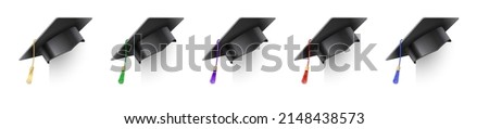 Set of vector realistic mortar hats. Graduation cap of a student with multi-colored tassels. Black hat at graduation at the university. Symbol of academic education, university headdress