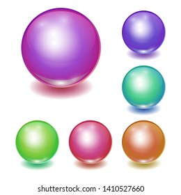 Set of vector realistic multicolor balsl, shine spheres with patch of light on white background. 3D illustration.