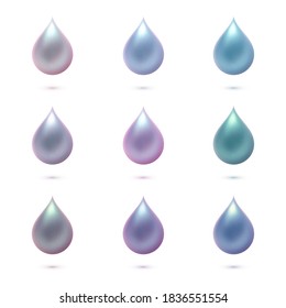 Set of vector realistic multicolored pearl drops with shadow isolated on the white background. 3d fluid nacre elements.