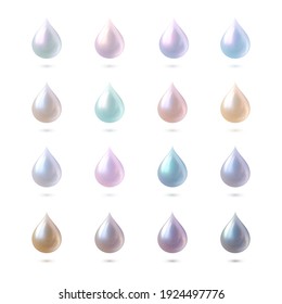 Set of Vector Realistic Multicolored Pearl Drops Isolated on White Background. 3d Fluid Nacre Illustrations.