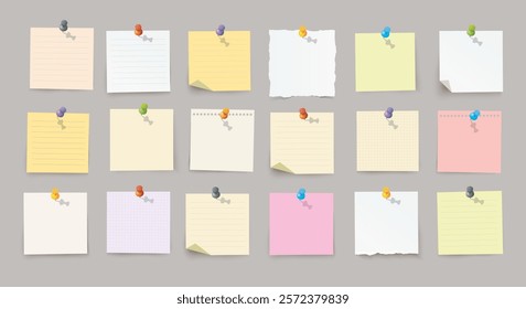 Set of vector realistic note papers with color pushpins and diffrent colors on transparent background.