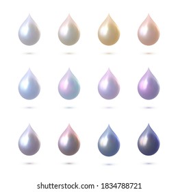 Set of vector realistic pearl drops of different color with shadow isolated on the white background. 3d fluid glossy elements.