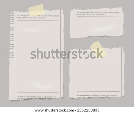 Set of vector realistic pieces of newspaper with adhesive tape on transparent background.