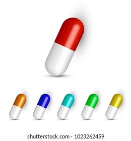 Set of vector realistic pills and capsules isolated on white background. Medicines, tablets, capsules, drug of painkillers, antibiotics, vitamins. Healthcare medical and vector illustration.