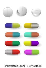 Set of vector realistic pills and capsules isolated on white background. Medicines, tablets, capsules, drug of painkillers, antibiotics, vitamins. Healthcare medical and vector illustration.