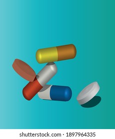 Set of vector realistic pills and capsules isolated on white background. Medicines, tablets, capsules, pain relievers, antibiotics, vitamins. Healthcare medical and illustration.