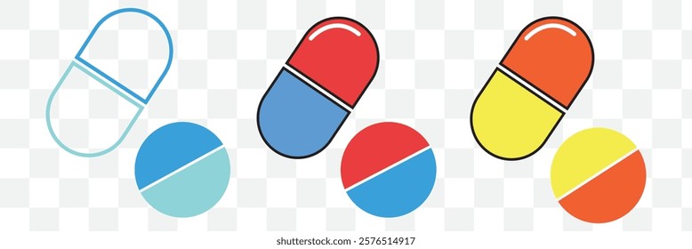 Set of vector realistic pills and capsules isolated on white background. Medicines, tablets, capsules, drug of painkillers, antibiotics, vitamins. Healthcare medical and vector illustration.