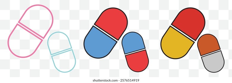 Set of vector realistic pills and capsules isolated on white background. Medicines, tablets, capsules, drug of painkillers, antibiotics, vitamins. Healthcare medical and vector illustration.