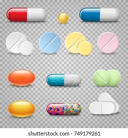 Set of vector realistic pills and capsules isolated on transparent background. Medicines, tablets, capsules, drug of painkillers, antibiotics, vitamins. Healthcare medical and vector illustration.