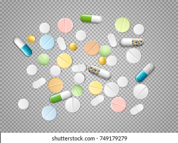 Set of vector realistic pills and capsules isolated on transparent background. Heap of medicines, tablets, capsules, drug of painkillers, antibiotics, vitamins and aspirin.