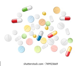 Set of vector realistic pills and capsules isolated on white background. Heap of medicines, tablets, capsules, drug of painkillers, antibiotics, vitamins and aspirin.