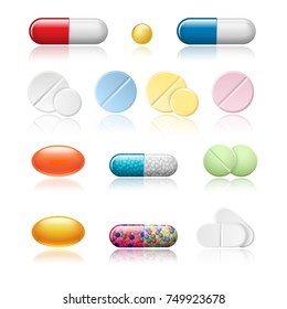 Set of vector realistic pills and capsules withe reflection isolated on white background. Medicines, tablets, capsules, drug of painkillers, antibiotics, vitamins.