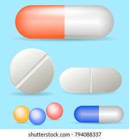 Set of vector realistic pills and capsules isolated on white background. Medicines, tablets, capsules, drug of painkillers, antibiotics, vitamins. Healthcare medical and vector illustration