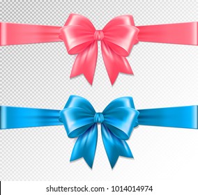 Set of vector realistic pink and blue ribbon and bows on transparent background. Vector eps 10