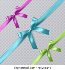 Set of vector realistic pink, blue and green ribbon and bows on transparent background. Vector eps 10