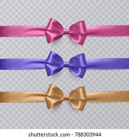 Set of vector realistic pink, purple and orange ribbon and bows on transparent background. Vector eps 10