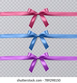 Set of vector realistic pink, purple and blue ribbon and bows on transparent background. Vector eps 10