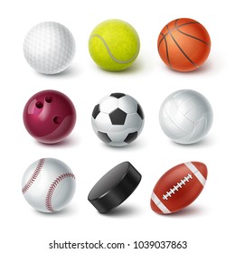 Set of vector realistic popular sport balls and bowls equipment, for football, soccer, rugby, tennis, volleyball, basketball, baseball, gulf, hockey puck isolated on background