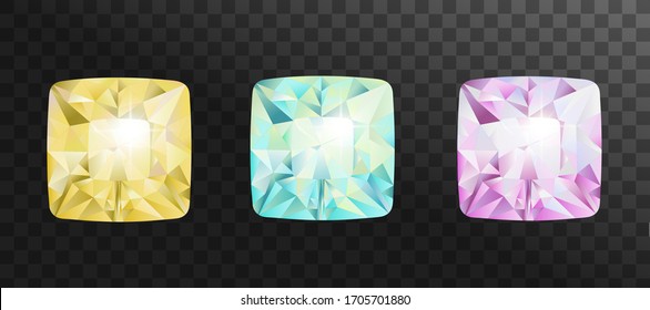 Conjunto de piedras preciosas vectoriales realistas de diferentes cortes y colores. Gemas de joyas de ilustración vectorial.