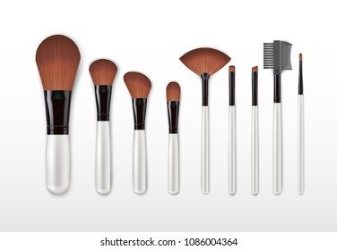 Set of vector realistic professional cosmetic makeup brushes with light handles isolated on white Background. Concealer powder blush eye shadow brow brown brushes