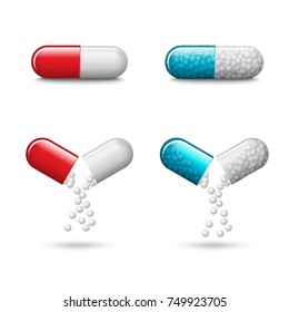 Set of vector realistic red and blue pills or capsules isolated on white background. Small balls pouring from an open medical capsule. Medicines, tablets, drug of painkillers, antibiotics, vitamins.
