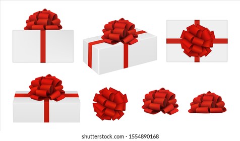 Set of vector realistic red bows and gift boxes. top view, side view, perspective view. EPS 10