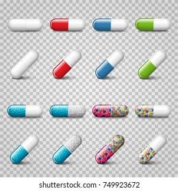 Set of vector realistic red, green, blue and color pills or capsules isolated on trasparent background. Medicines, tablets, drug of painkillers, antibiotics, vitamins.