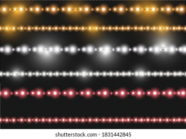 Set of vector realistic seamless light garlands isolated on transparent background