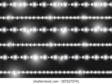 Conjunto de guirnaldas de luz vectoriales realistas sin soldadura aisladas en fondo transparente