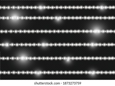 Conjunto de guirnaldas de luz vectoriales realistas sin soldadura aisladas en fondo transparente