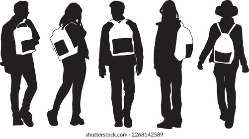 Set of vector realistic silhouettes of man and woman standing with backpack in different poses. Isolated on white background