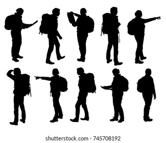 Set of vector realistic silhouettes of man and woman standing, walking and showing hand and map and backpack in different poses - isolated on white background